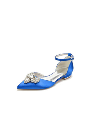 Satin Pointed Toe Ankle Strap Rhinestone Kitten Heels - KissProm