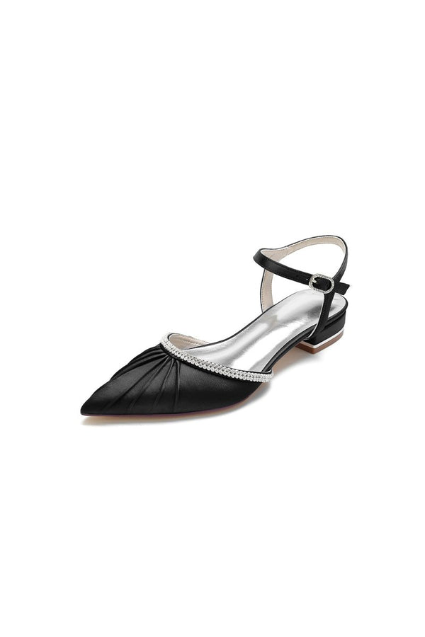 Satin Pointed Toe Beaded Buckle Kitten Heels - KissProm