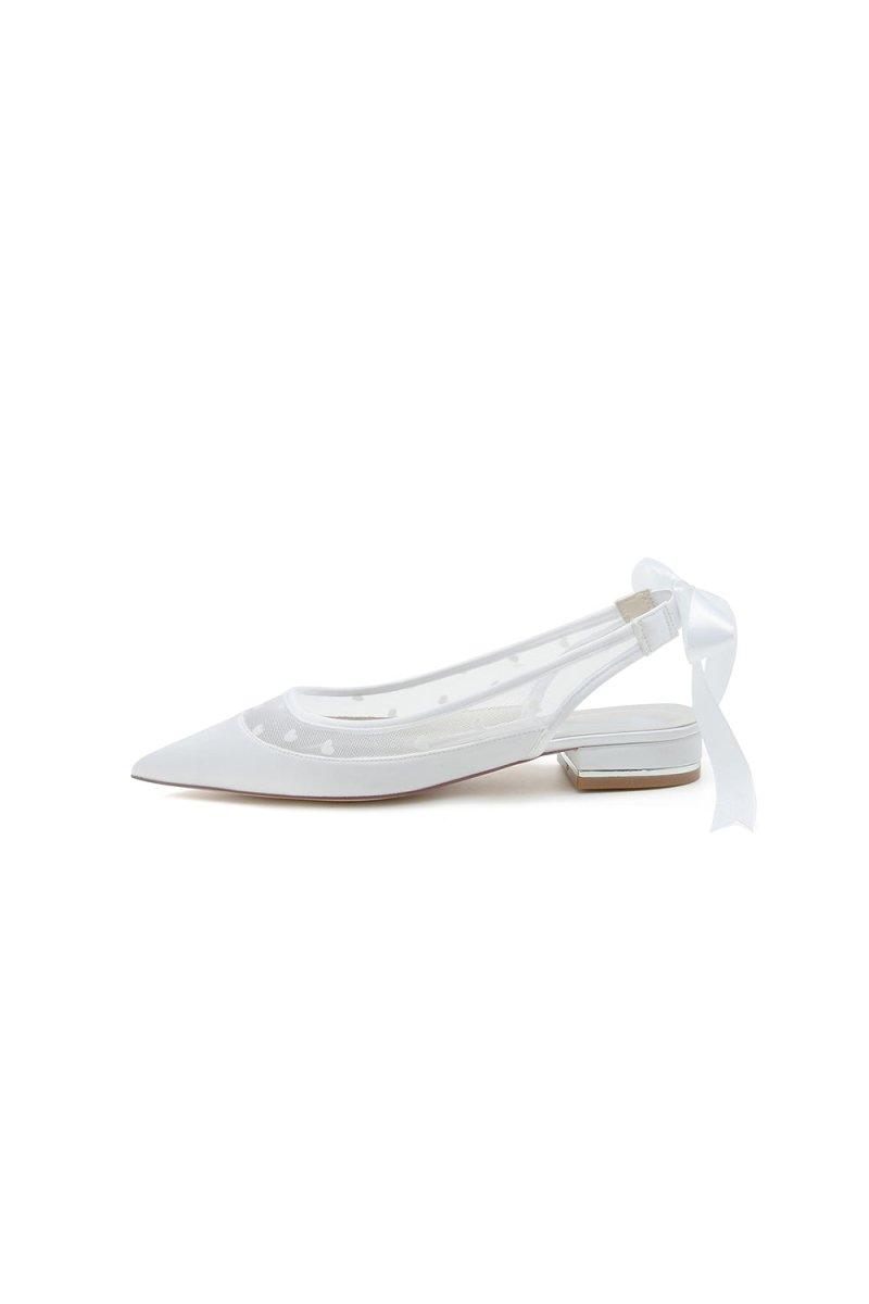 Satin Pointed Toe Mesh Low Heels With Bow - KissProm