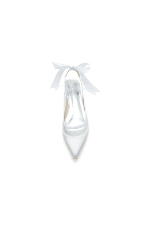 Satin Pointed Toe Mesh Low Heels With Bow - KissProm