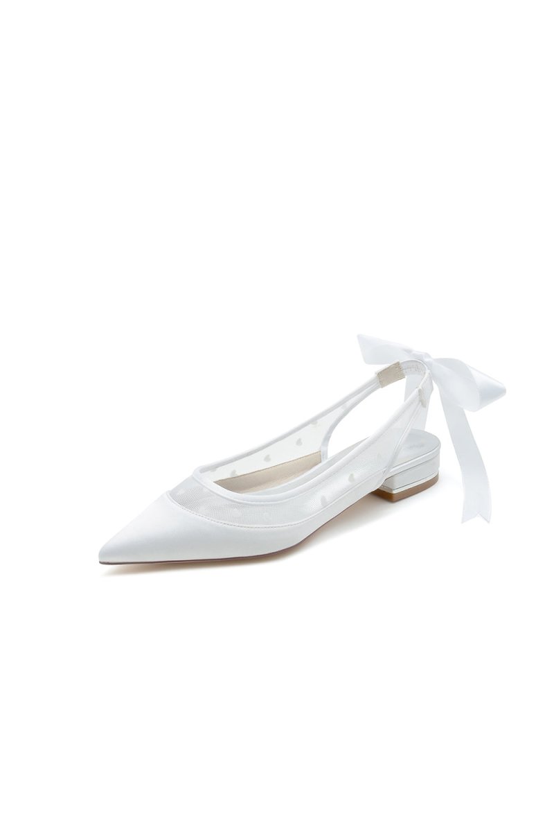 Satin Pointed Toe Mesh Low Heels With Bow - KissProm