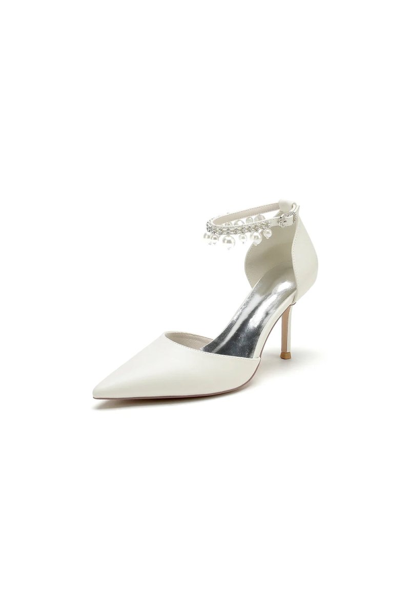 Satin Pointed Toe Pearl Beaded Ankle Strap Simple Wedding Shoes - KissProm