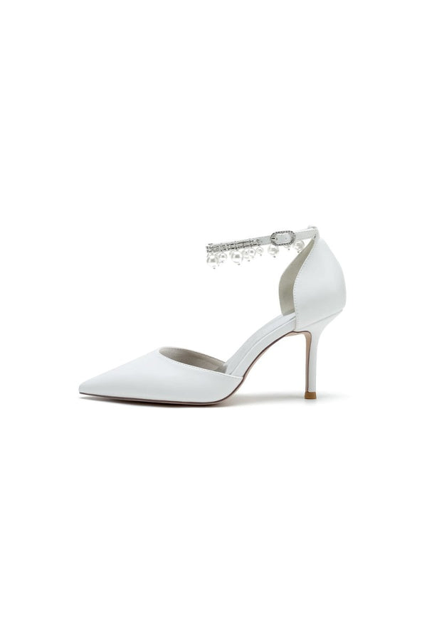 Satin Pointed Toe Pearl Beaded Ankle Strap Simple Wedding Shoes - KissProm