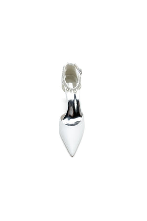 Satin Pointed Toe Pearl Beaded Ankle Strap Simple Wedding Shoes - KissProm