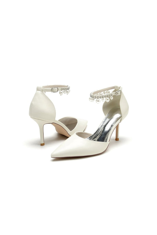 Satin Pointed Toe Pearl Beaded Ankle Strap Simple Wedding Shoes - KissProm
