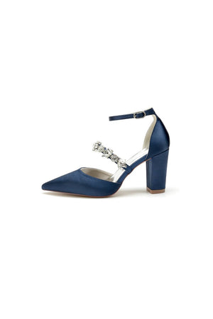 Satin Pointed Toe Rhinestone Strappy Chunky Heels - KissProm