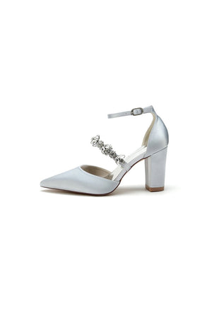 Satin Pointed Toe Rhinestone Strappy Chunky Heels - KissProm