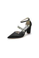 Satin Pointed Toe Rhinestone Strappy Chunky Heels - KissProm