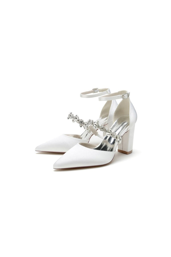 Satin Pointed Toe Rhinestone Strappy Chunky Heels - KissProm
