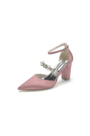 Satin Pointed Toe Rhinestone Strappy Chunky Heels - KissProm