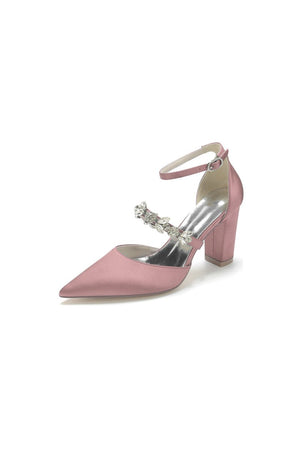 Satin Pointed Toe Rhinestone Strappy Chunky Heels - KissProm