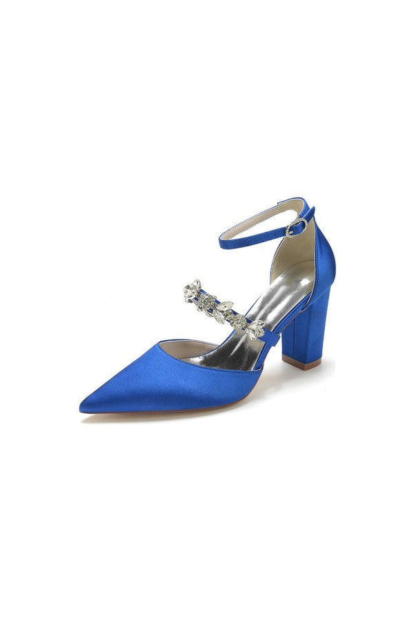 Satin Pointed Toe Rhinestone Strappy Chunky Heels - KissProm