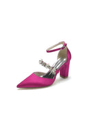 Satin Pointed Toe Rhinestone Strappy Chunky Heels - KissProm