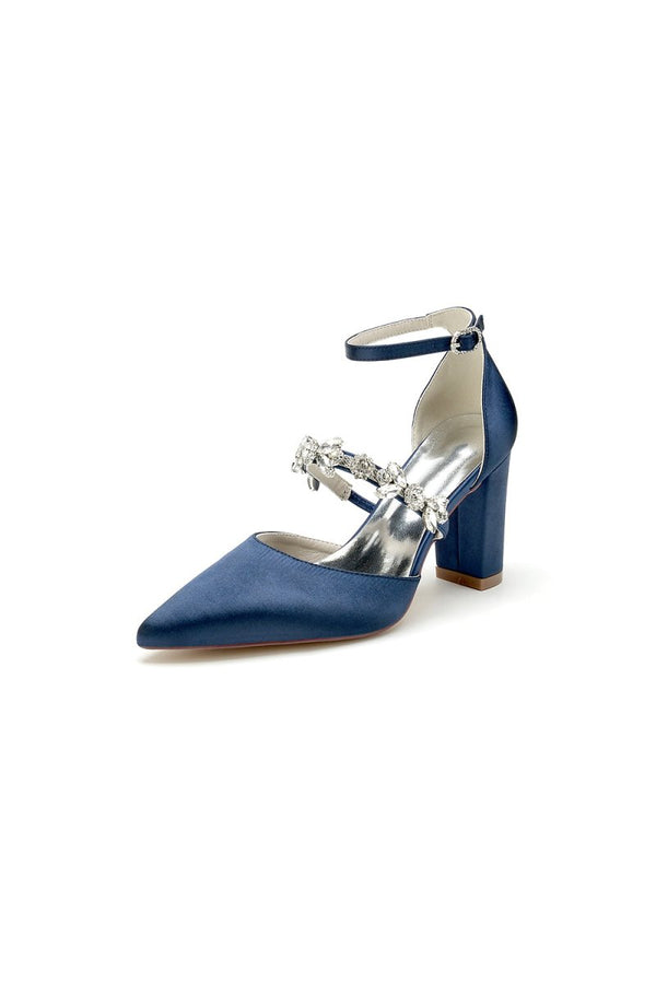 Satin Pointed Toe Rhinestone Strappy Chunky Heels - KissProm