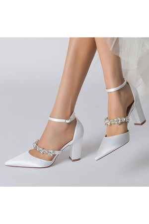 Satin Pointed Toe Rhinestone Strappy Chunky Heels - KissProm
