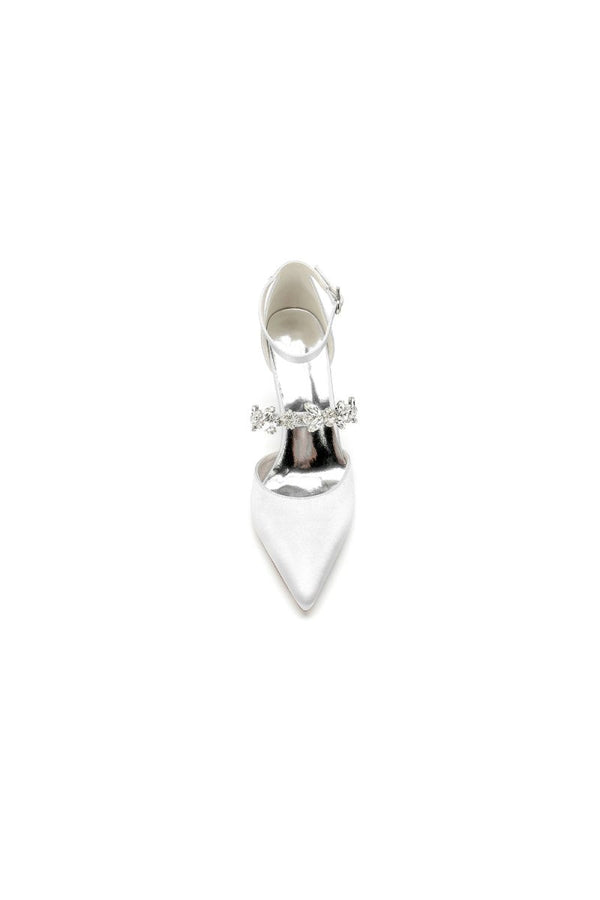 Satin Pointed Toe Rhinestone Strappy Chunky Heels - KissProm