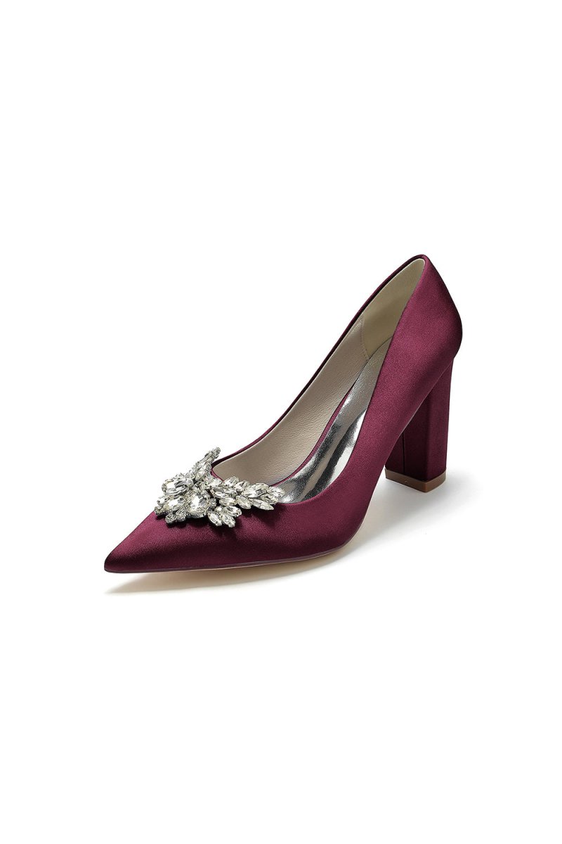 Satin Pointed Toe Slip - on Chunky Heels With Rhinestone - KissProm