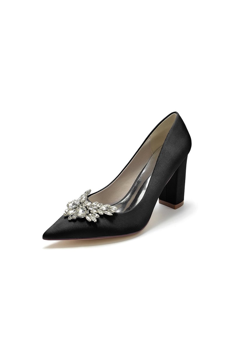 Satin Pointed Toe Slip - on Chunky Heels With Rhinestone - KissProm