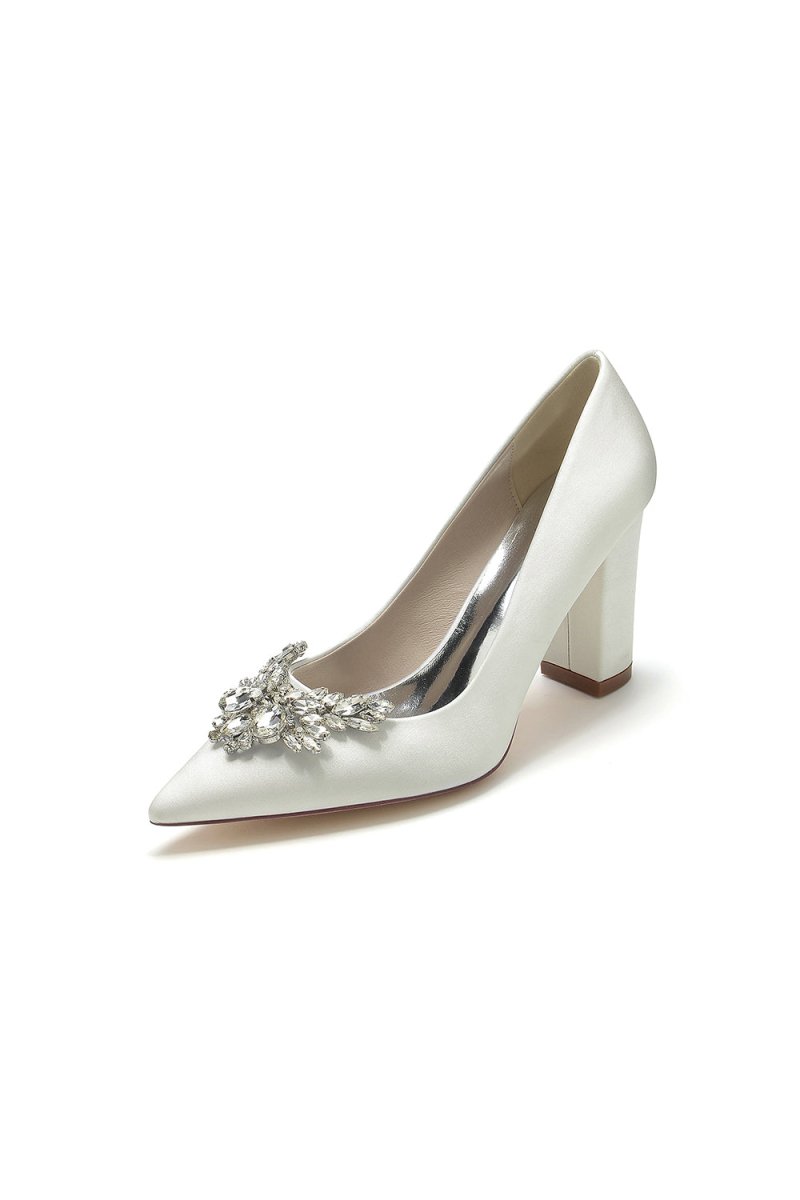 Satin Pointed Toe Slip - on Chunky Heels With Rhinestone - KissProm