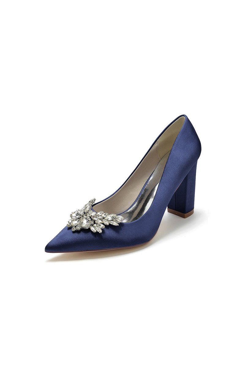 Satin Pointed Toe Slip - on Chunky Heels With Rhinestone - KissProm