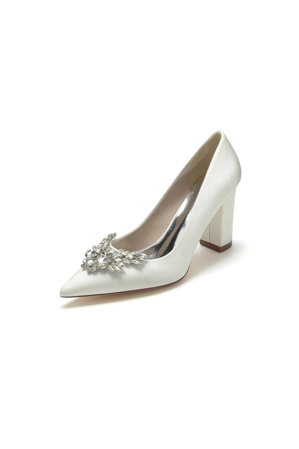 Satin Pointed Toe Slip - on Chunky Heels With Rhinestone - KissProm