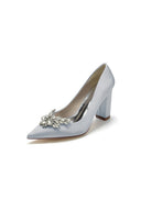 Satin Pointed Toe Slip - on Chunky Heels With Rhinestone - KissProm