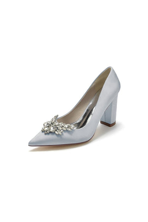 Satin Pointed Toe Slip - on Chunky Heels With Rhinestone - KissProm