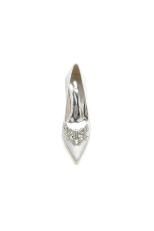 Satin Pointed Toe Slip - on Chunky Heels With Rhinestone - KissProm
