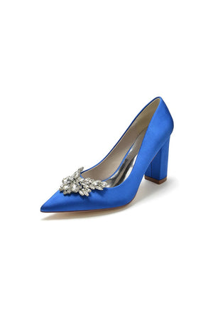 Satin Pointed Toe Slip - on Chunky Heels With Rhinestone - KissProm