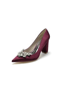 Satin Pointed Toe Slip - on Chunky Heels With Rhinestone - KissProm