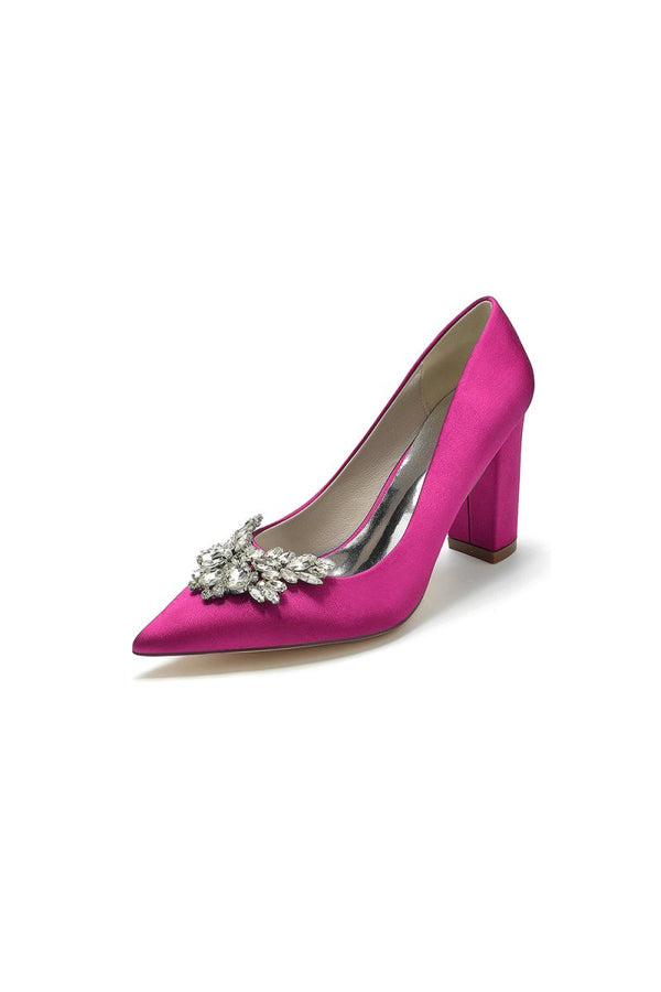 Satin Pointed Toe Slip - on Chunky Heels With Rhinestone - KissProm