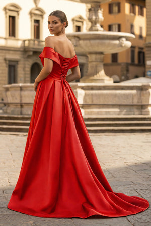 A-Line Prom Dresses Celebrity Style Dress Christmas Sleeveless Off The Shoulder Satin with Slit - KISSPROM PROM DRESSES