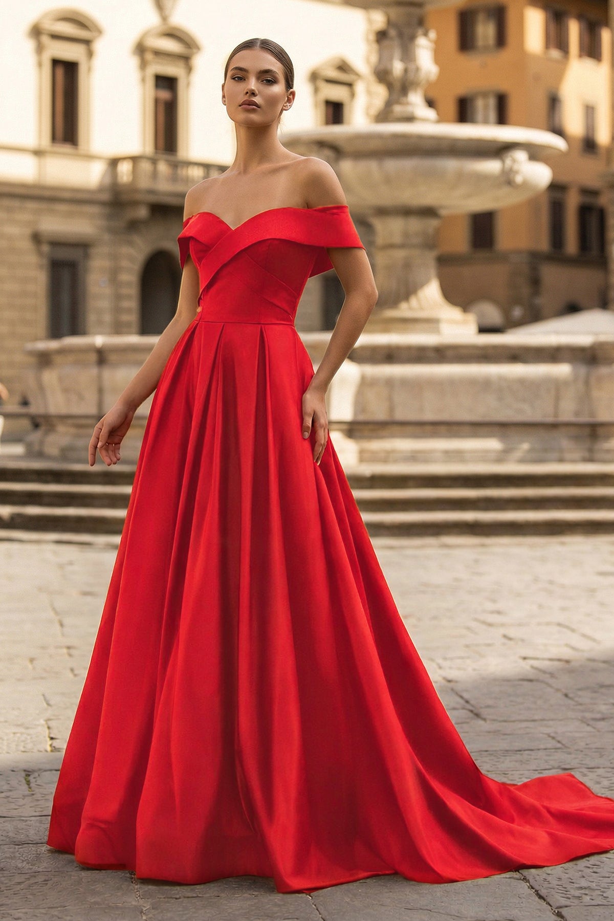 KissProm A-Line Prom Dresses Celebrity Style Dress Christmas Sleeveless Off The Shoulder Satin with Slit, Red / 4