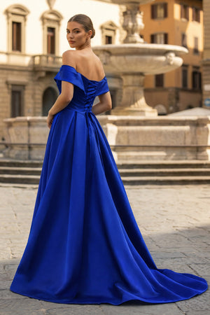 A-Line Prom Dresses Celebrity Style Dress Christmas Sleeveless Off The Shoulder Satin with Slit - KISSPROM PROM DRESSES