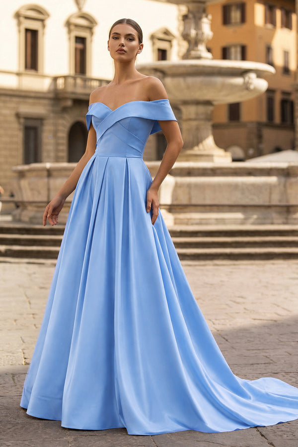 KissProm A-Line Prom Dresses Celebrity Style Dress Christmas Sleeveless Off The Shoulder Satin with Slit, Sky Blue / 14