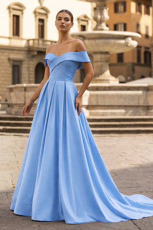 A-Line Prom Dresses Celebrity Style Dress Christmas Sleeveless Off The Shoulder Satin with Slit - KISSPROM PROM DRESSES