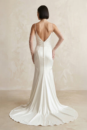 Satin Spaghetti Straps Mermaid Wedding Dress With Sleeve in White - KissProm Wedding Dresses