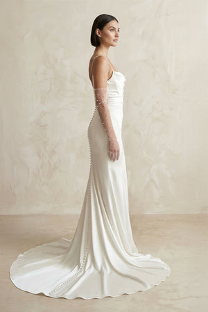 Satin Spaghetti Straps Mermaid Wedding Dress With Sleeve in White - KissProm Wedding Dresses