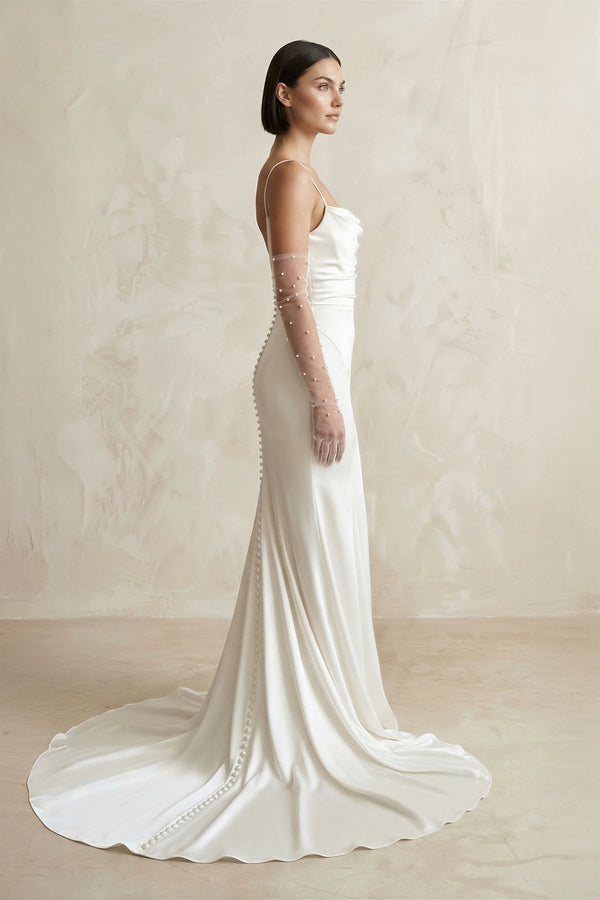 Satin Spaghetti Straps Mermaid Wedding Dress With Sleeve in White - KissProm Wedding Dresses