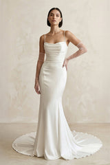 Satin Spaghetti Straps Mermaid Wedding Dress With Sleeve in White - KissProm Wedding Dresses