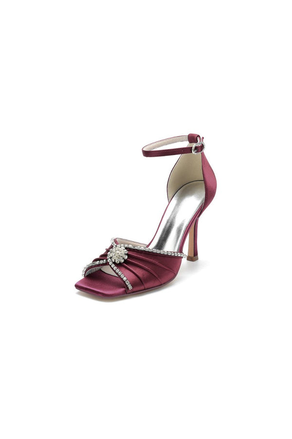 Satin Square OpenToe Stiletto Heels With Rhinestone - KissProm
