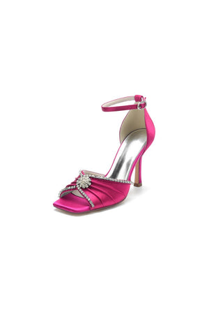 Satin Square OpenToe Stiletto Heels With Rhinestone - KissProm