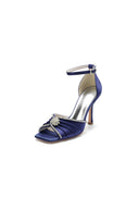 Satin Square OpenToe Stiletto Heels With Rhinestone - KissProm