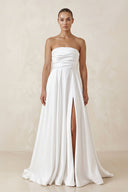 Satin Strapless A - Line Ruched Wedding Dress With Slit in White - KissProm Wedding Dresses