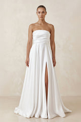 Satin Strapless A - Line Ruched Wedding Dress With Slit in White - KissProm Wedding Dresses