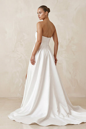 Satin Strapless A - Line Ruched Wedding Dress With Slit in White - KissProm Wedding Dresses