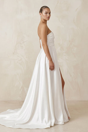 Satin Strapless A - Line Ruched Wedding Dress With Slit in White - KissProm Wedding Dresses