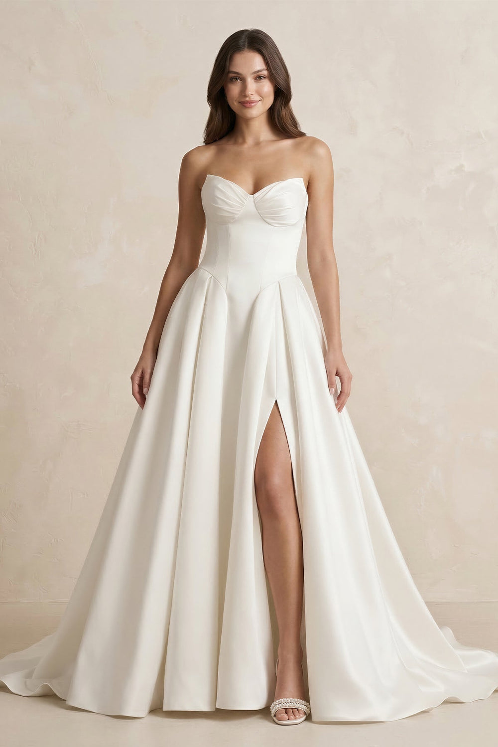Satin Sweetheart A - Line Ruched Wedding Dress With Slit in Ivory - KissProm Wedding Dresses
