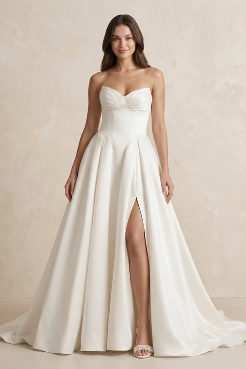 Satin Sweetheart A - Line Ruched Wedding Dress With Slit in Ivory - KissProm Wedding Dresses