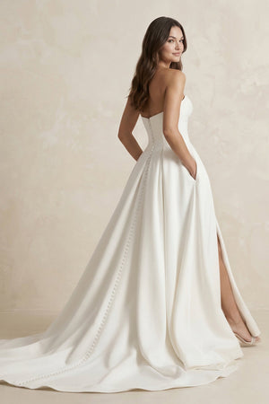 Satin Sweetheart A - Line Ruched Wedding Dress With Slit in Ivory - KissProm Wedding Dresses